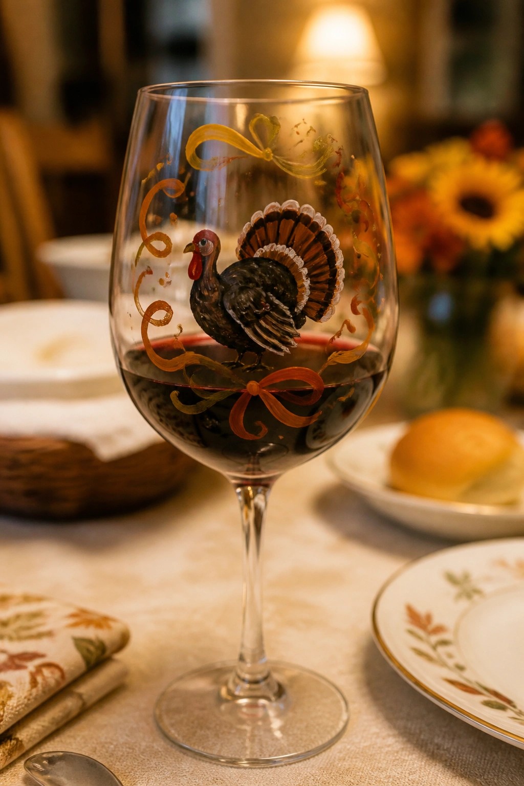 Wine glass with hand-painted turkey filled with red wine on autumn table.