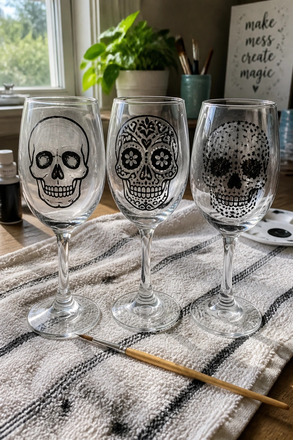 Three wine glasses with black skull designs on striped towel beside paintbrush