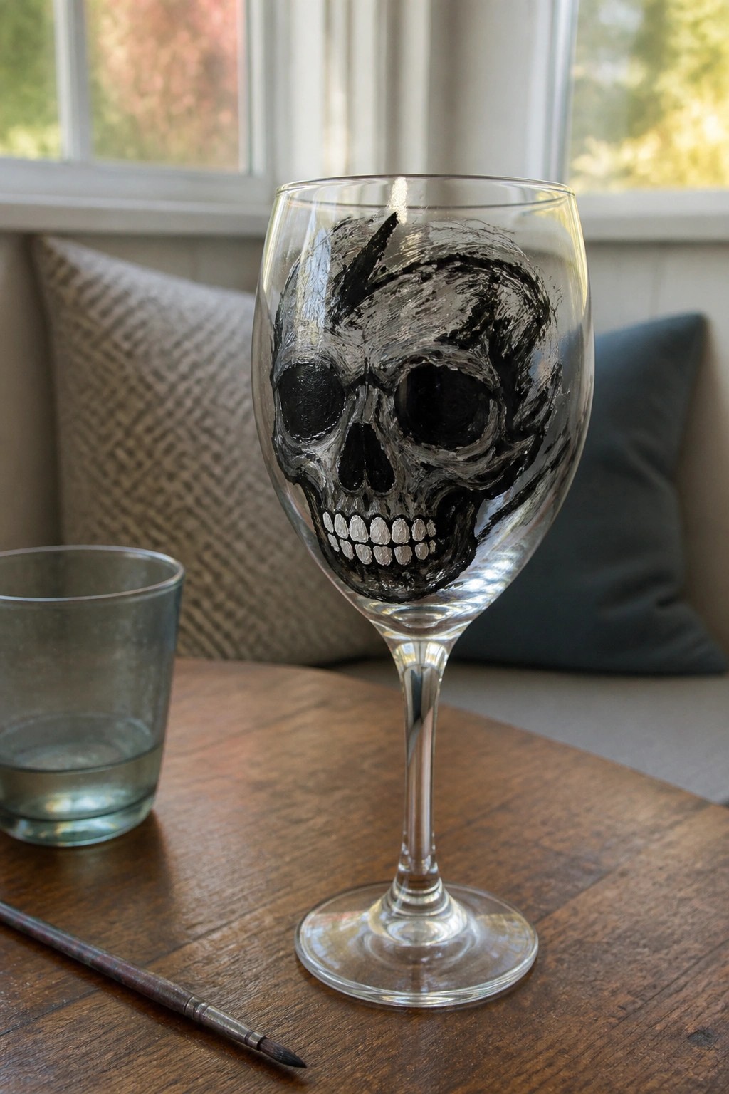 A clear wine glass with a black skull painted on the bowl sits on a wooden table next to a paintbrush and a small glass of water.