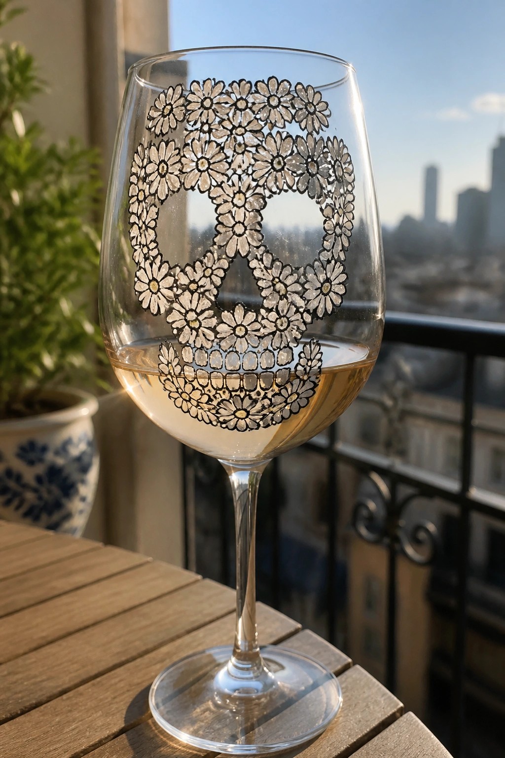 Wine glass with daisy peace sign design holding white wine on balcony table