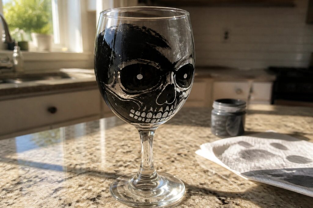 19 Dramatic Skull Wine Glass Painting Ideas Using Black and White Designs A wine glass with a black skull painted on the bowl in black and white, resting on a marble counter.