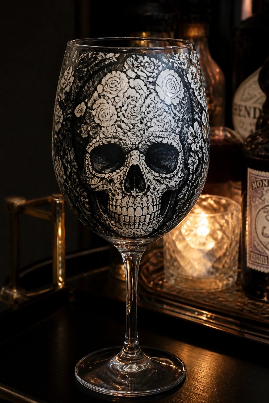 Stemmed wine glass with skull of white roses beside lit candle on dark table