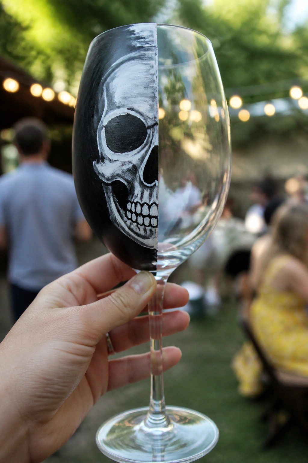 Hand holding wine glass half-painted black with white skull design outdoors