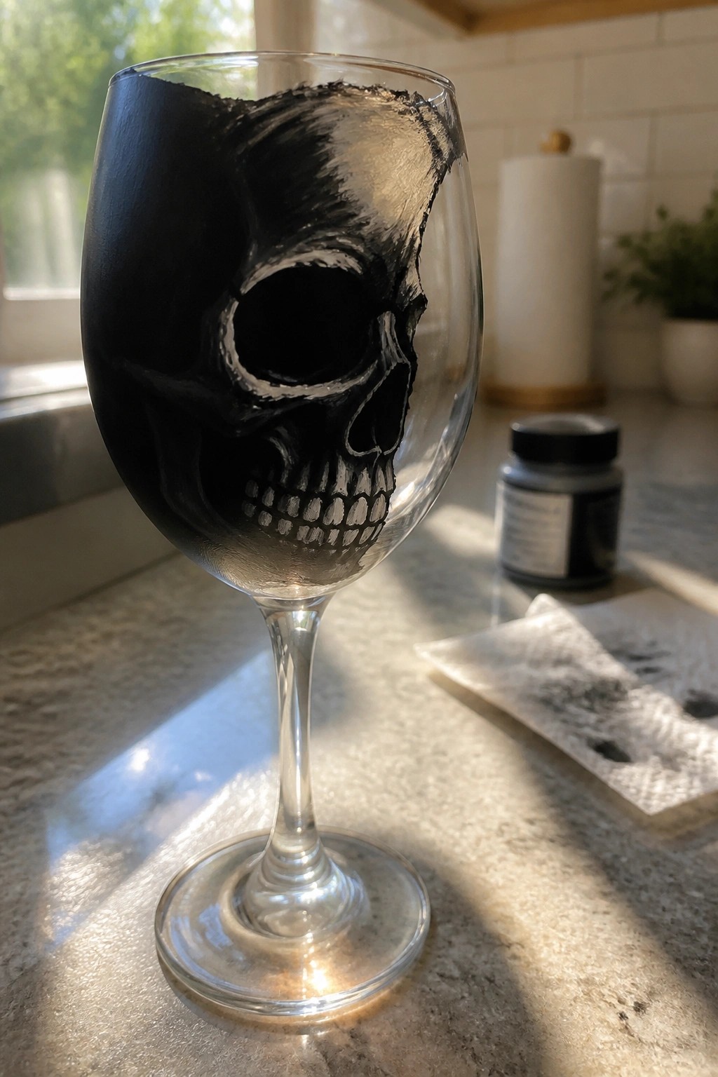 A wine glass with a black skull painted on the bowl in black and white, resting on a marble counter.