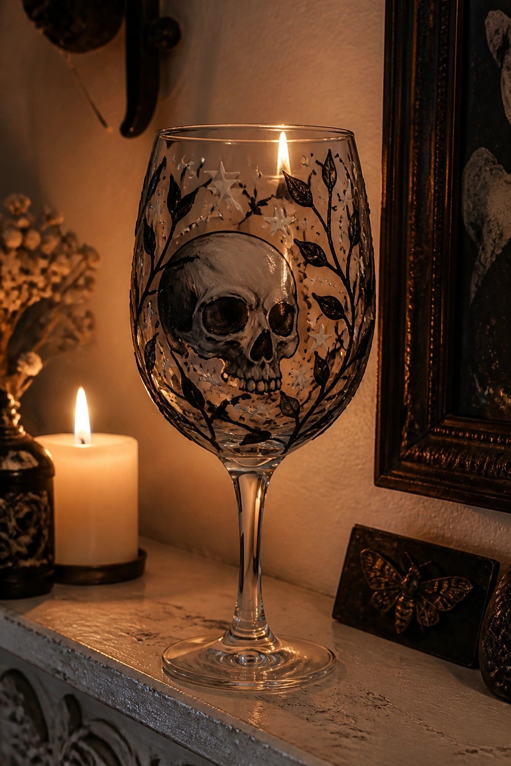 Wine glass with skull and vines holds lit candle amid gothic decor