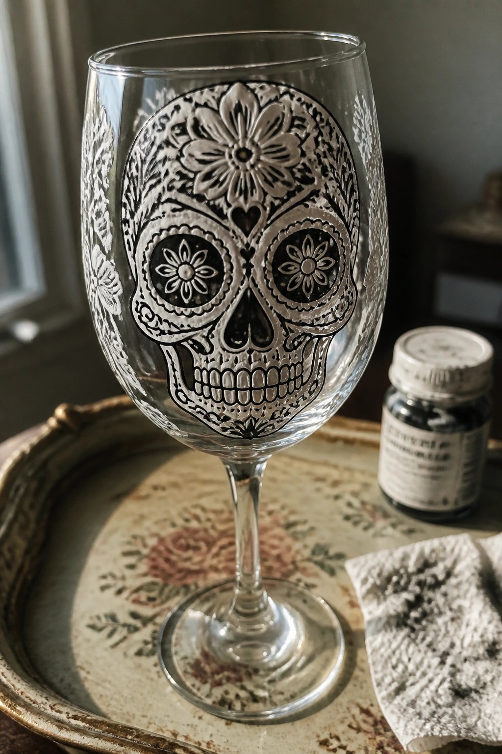 Clear wine glass with etched sugar skull on floral vintage tray