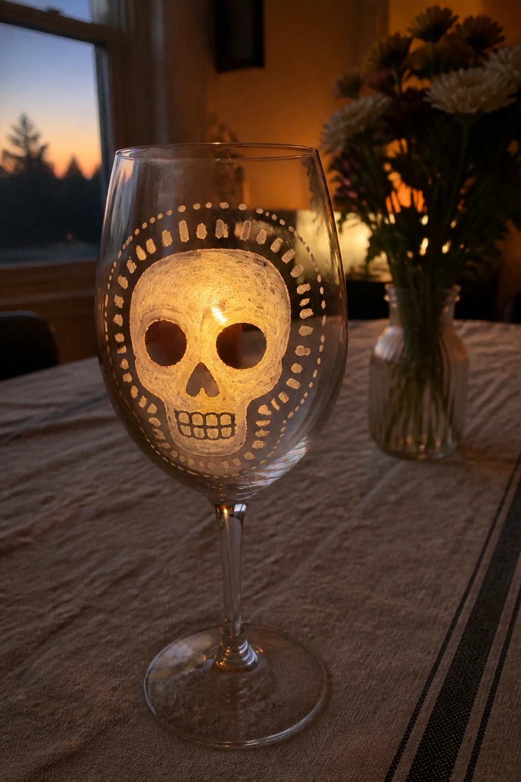 Illuminated wine glass with etched skull on striped table at dusk
