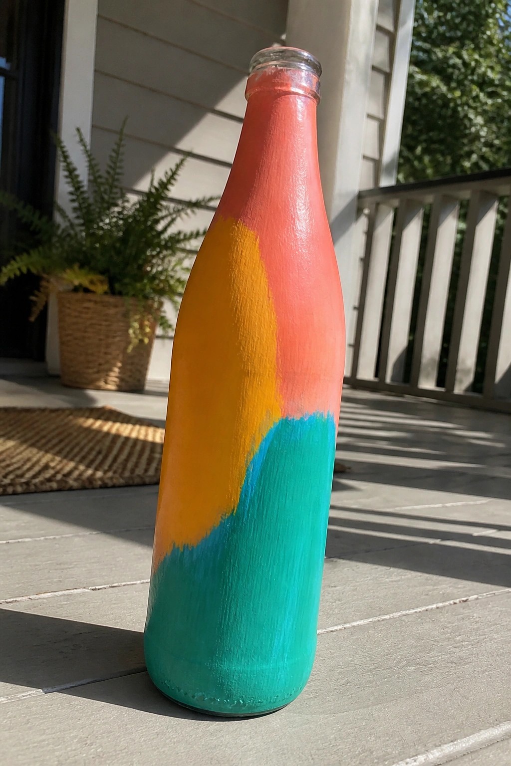 Colorful painted glass bottle with pink, orange, and teal sections on wooden deck