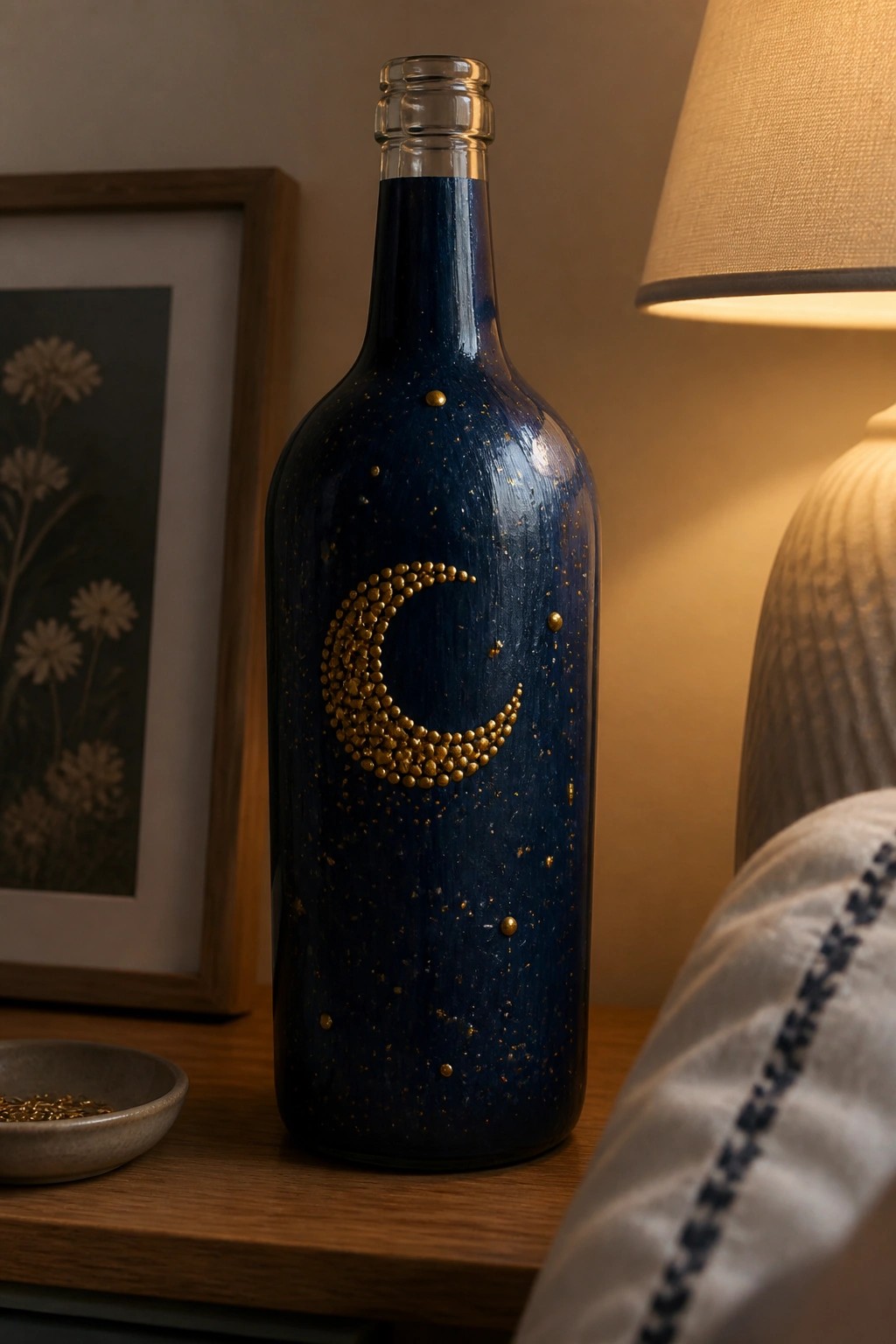 Blue bottle with golden dotted crescent moon and stars on wooden table