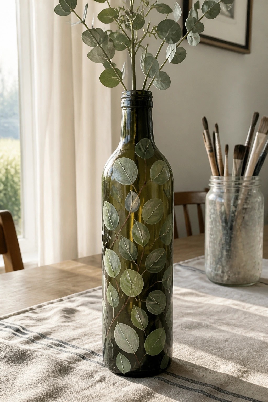 Green bottle painted with eucalyptus leaves holding fresh stems on wooden table