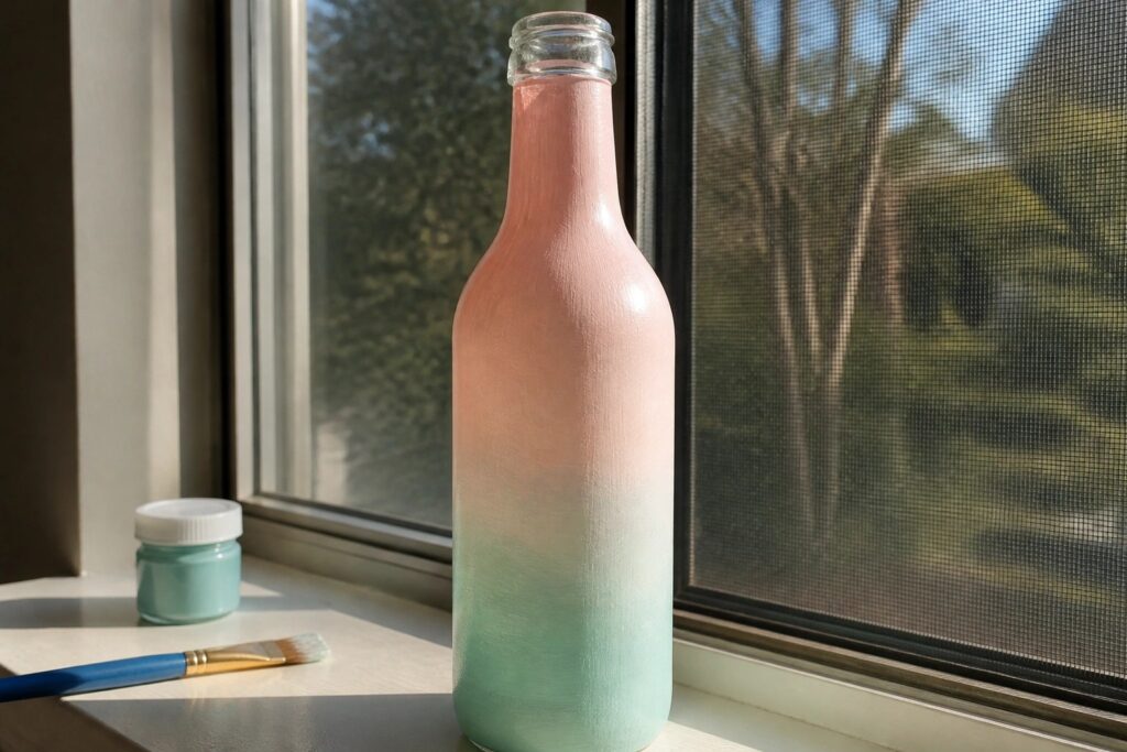 19 Easy Glass Bottle Painting Ideas for Beginners Using Acrylic Paint Gradient pink to mint green painted bottle on windowsill with paint jar and brush