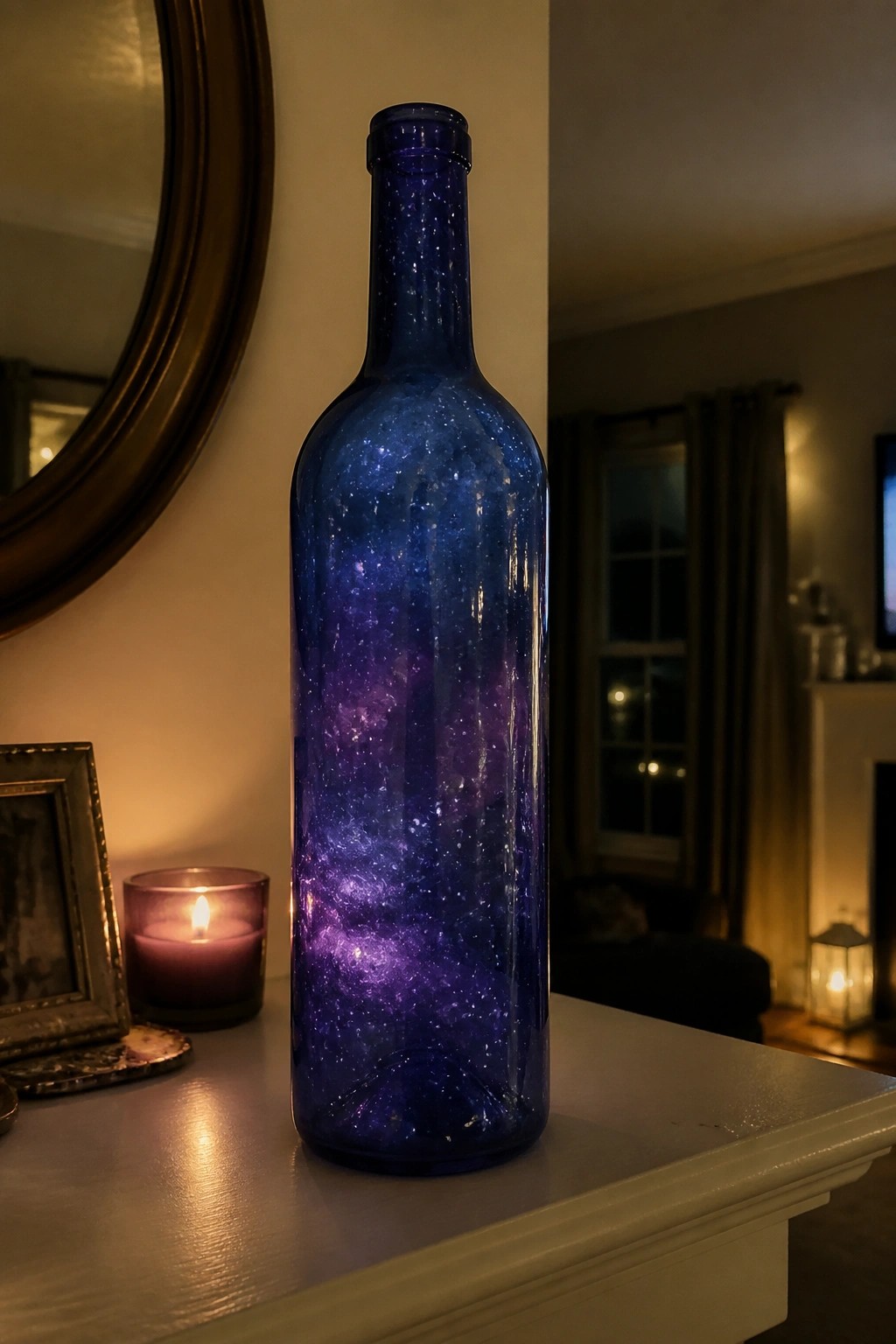 Glowing blue bottle with purple galaxy stars on white mantel beside lit candle