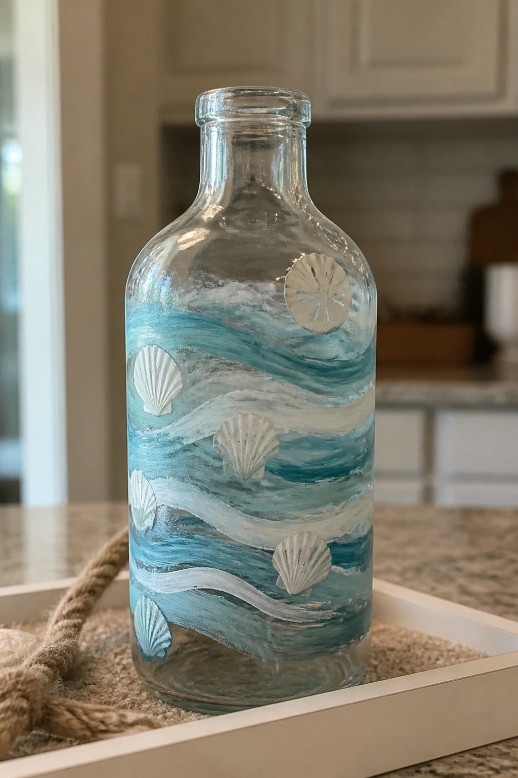 Glass bottle with blue wave designs and white seashells on sandy tray