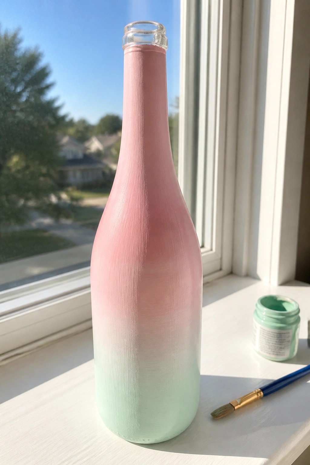 Gradient pink to mint green painted bottle on windowsill with paint jar and brush