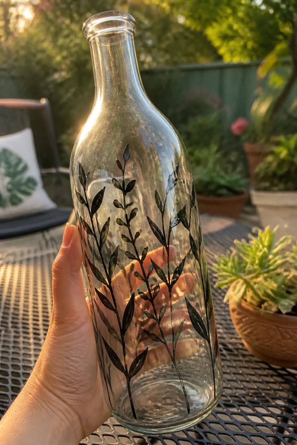 Hand holding clear glass bottle with black leaf designs on sunny patio