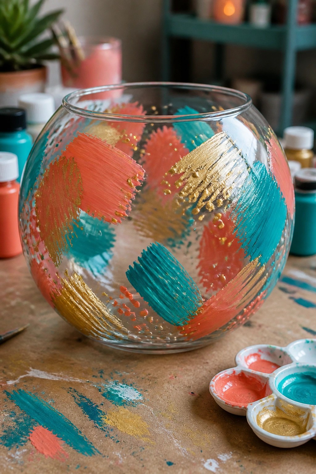Glass bowl with coral, teal, and gold paint strokes beside palette on table