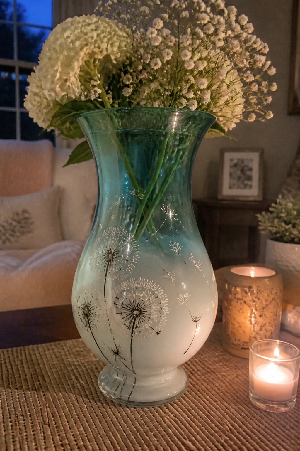 Glass vase with dandelion etchings holding white flowers beside lit candles