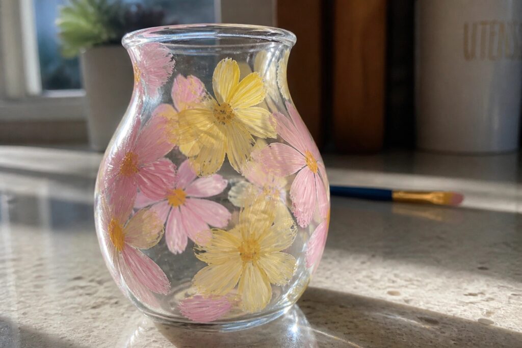 19 Easy Glass Vase Painting Ideas for Beginners Using Simple Acrylic Techniques Glass vase hand-painted with pink and yellow flowers on marble surface