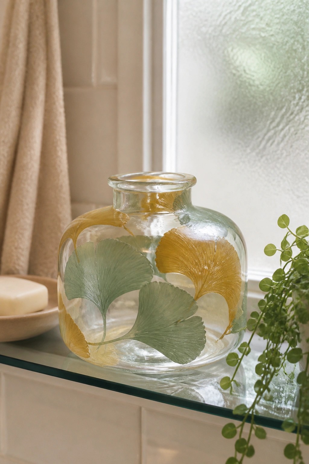 Glass vase with yellow and green ginkgo leaves beside soap and plant
