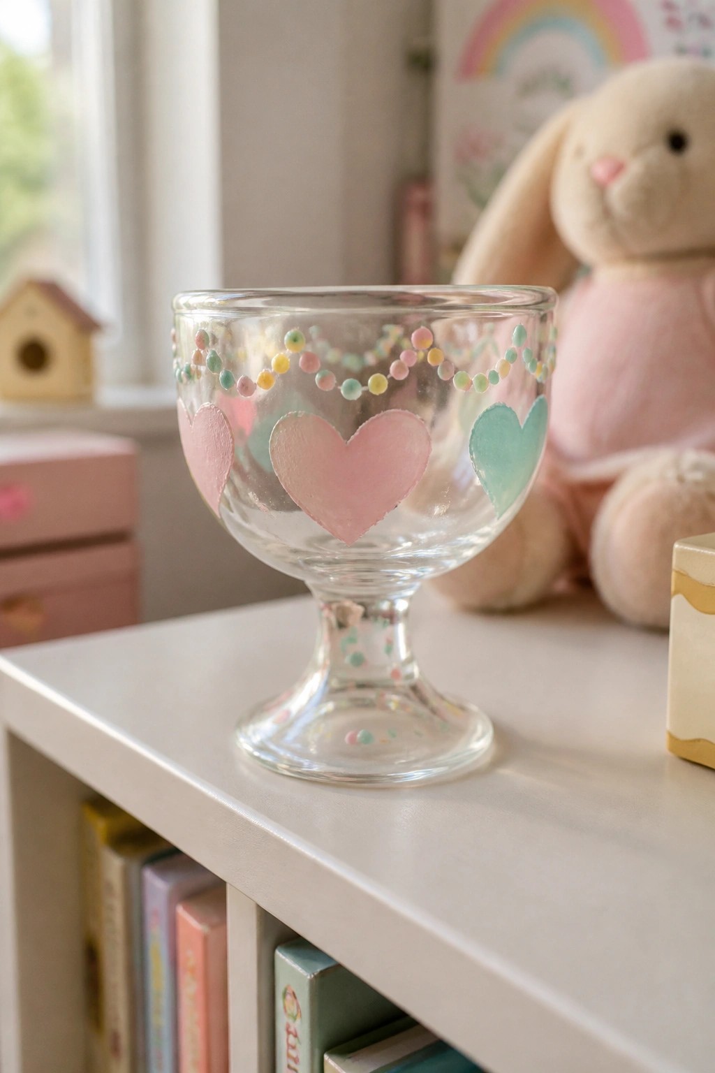 Clear glass goblet with pink and teal hearts and colorful dots on shelf