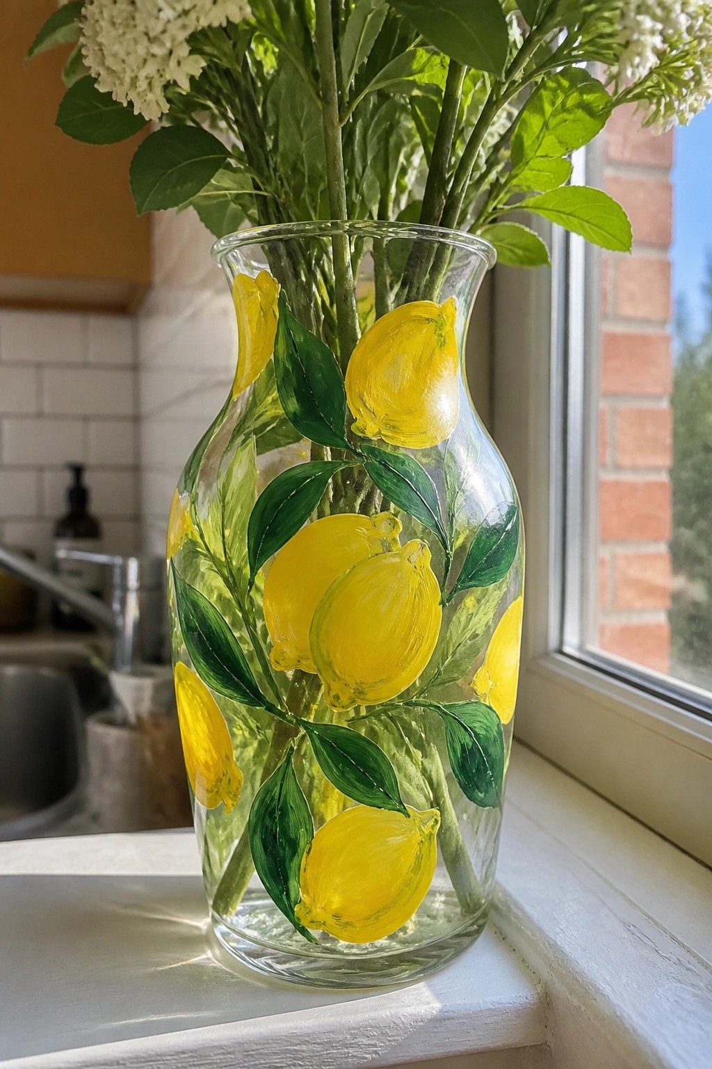 Painted glass vase with yellow lemons and green leaves holding white flowers on windowsill