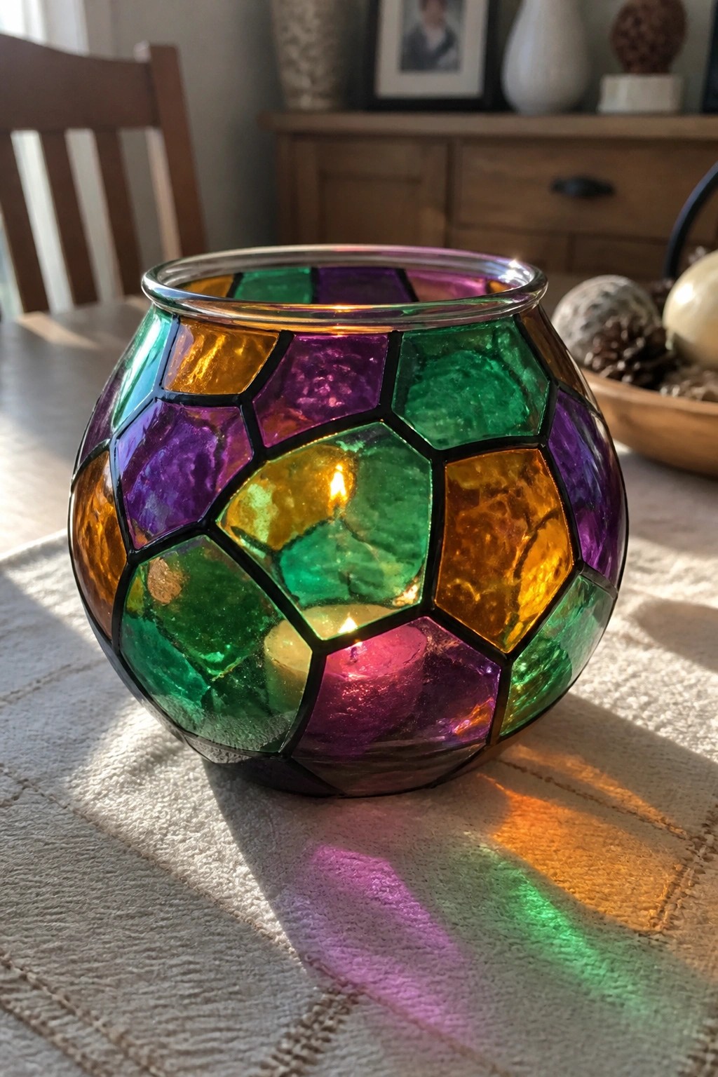 Colorful stained glass candle holder with lit flame casting vibrant shadows on table