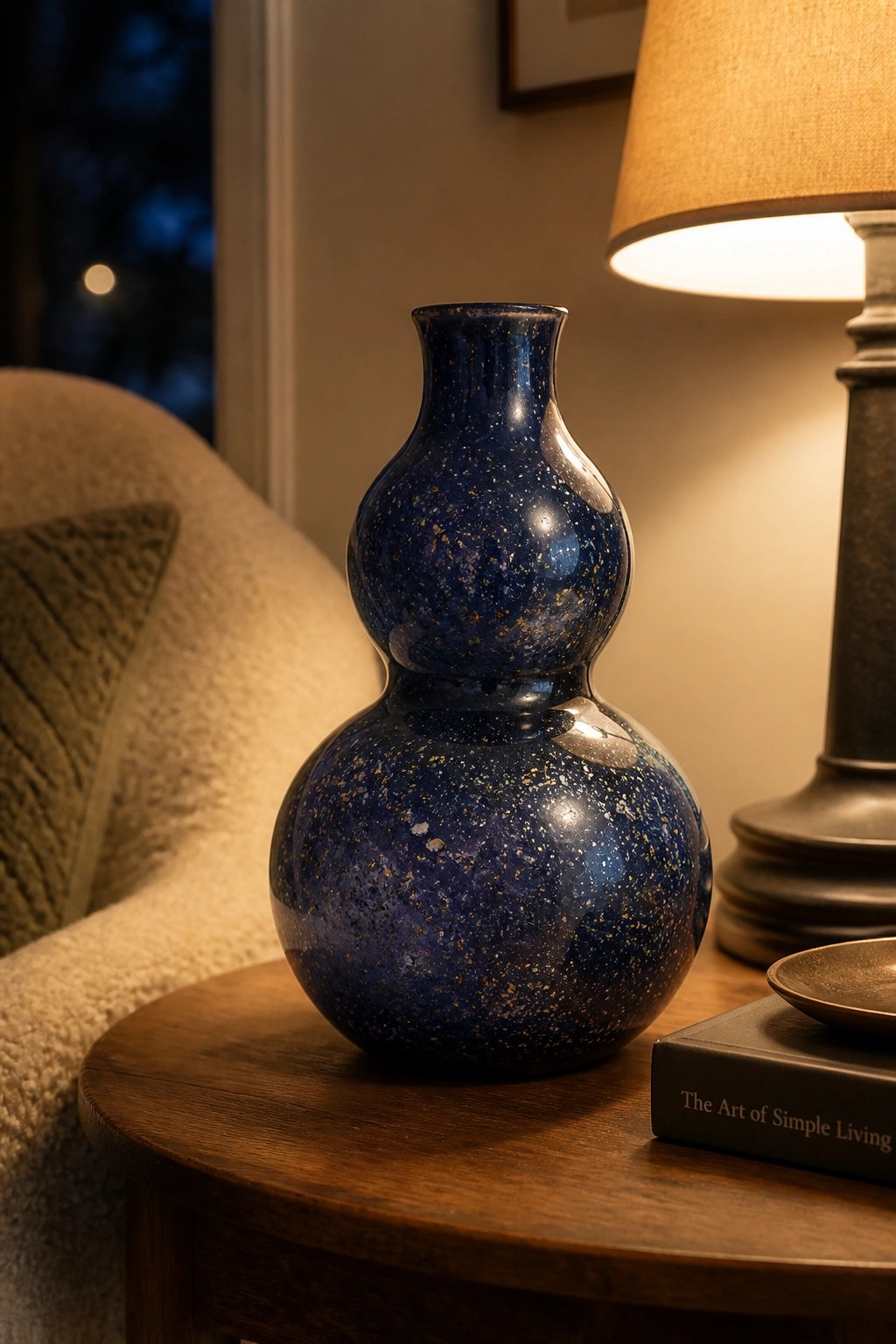 Blue speckled double-gourd vase on wooden table beside lamp and book
