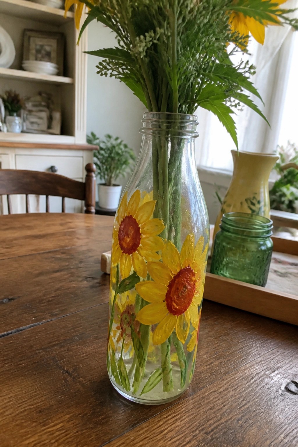 Hand-painted sunflower glass bottle vase holding yellow flowers on wooden table