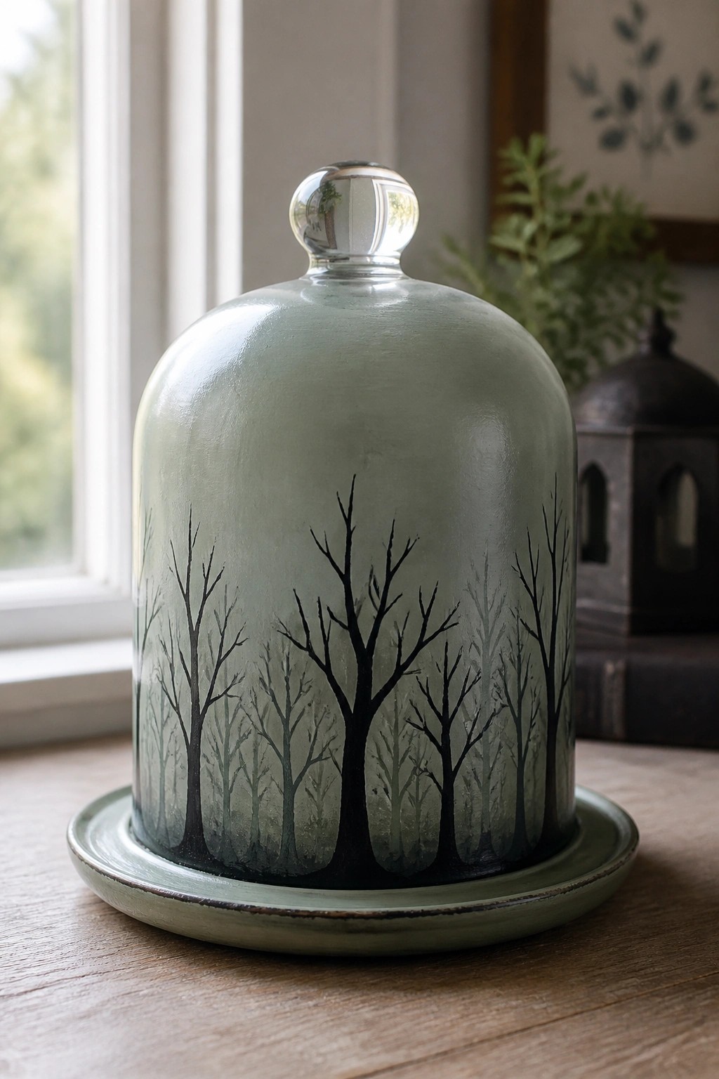 Sage green cloche with black tree silhouettes on matching plate atop wood.