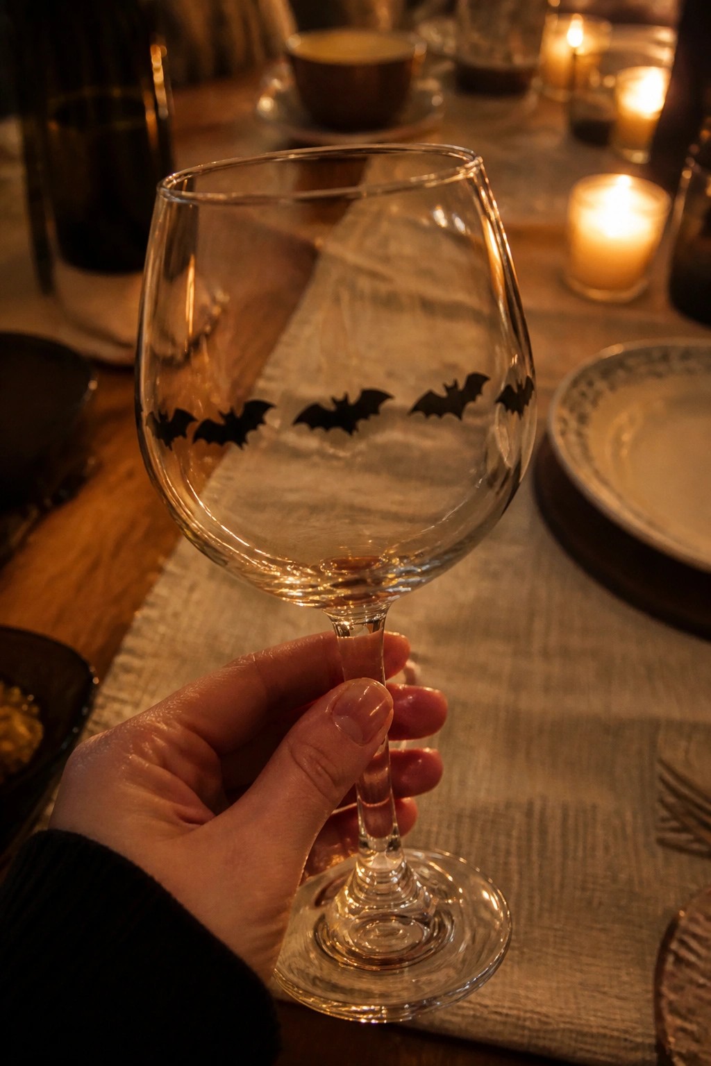 A hand holds a clear wine glass with five black bat silhouettes painted in a row around the bowl.