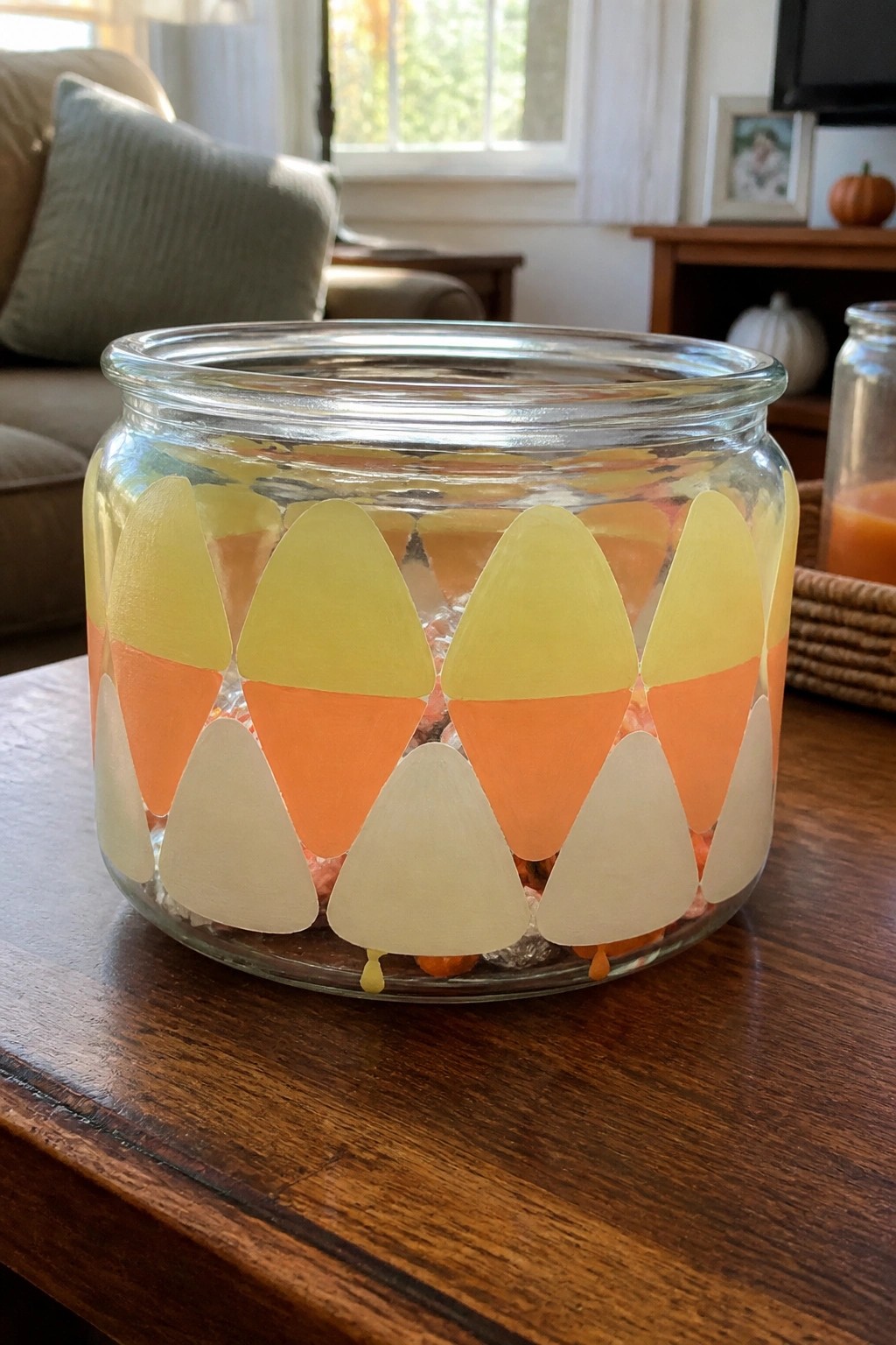 Glass jar with yellow, orange, and white candy corn patterns on wooden table.