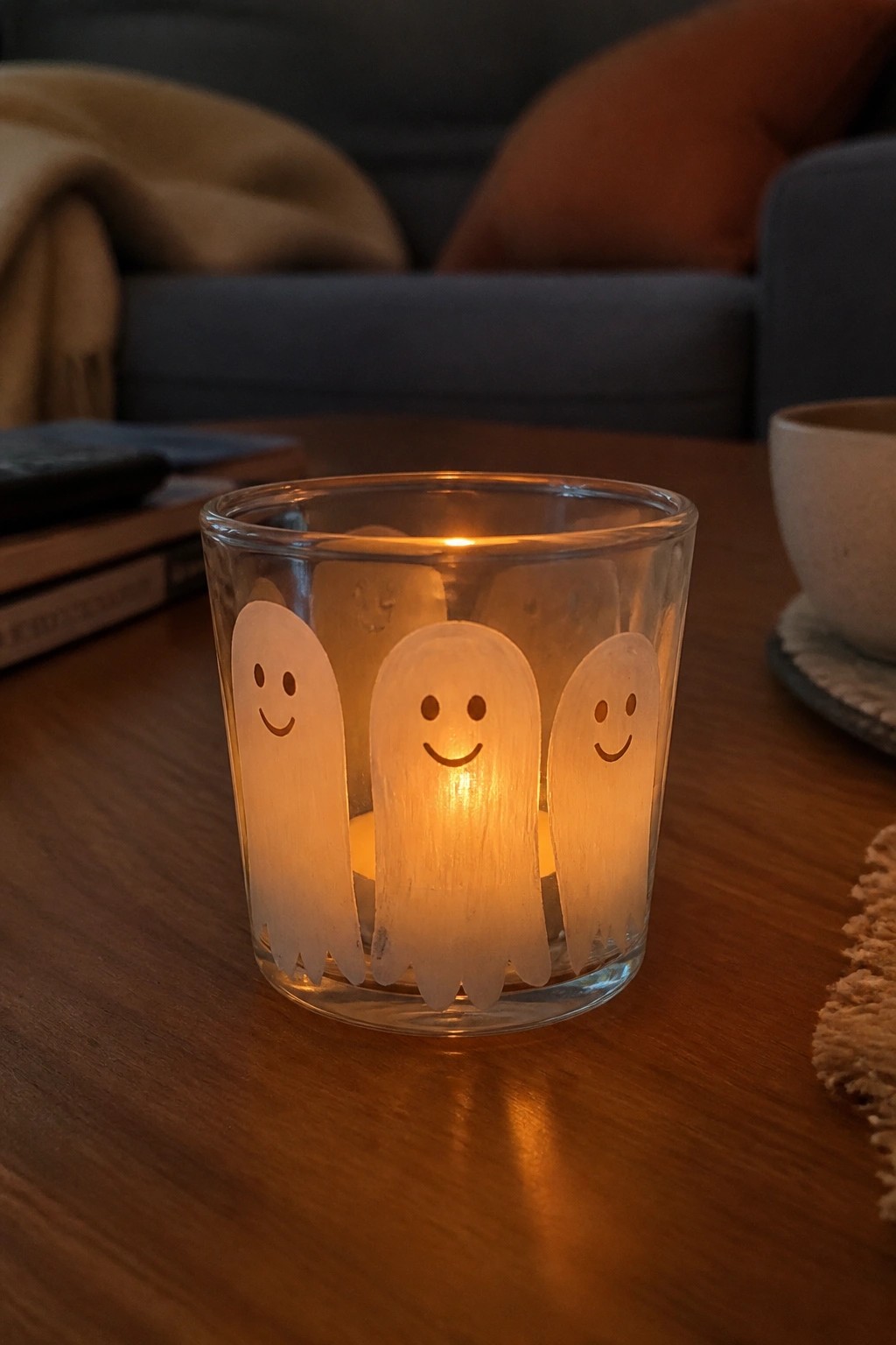 A lit glass candle holder with three translucent ghost silhouettes painted around it, each with simple smiling faces.