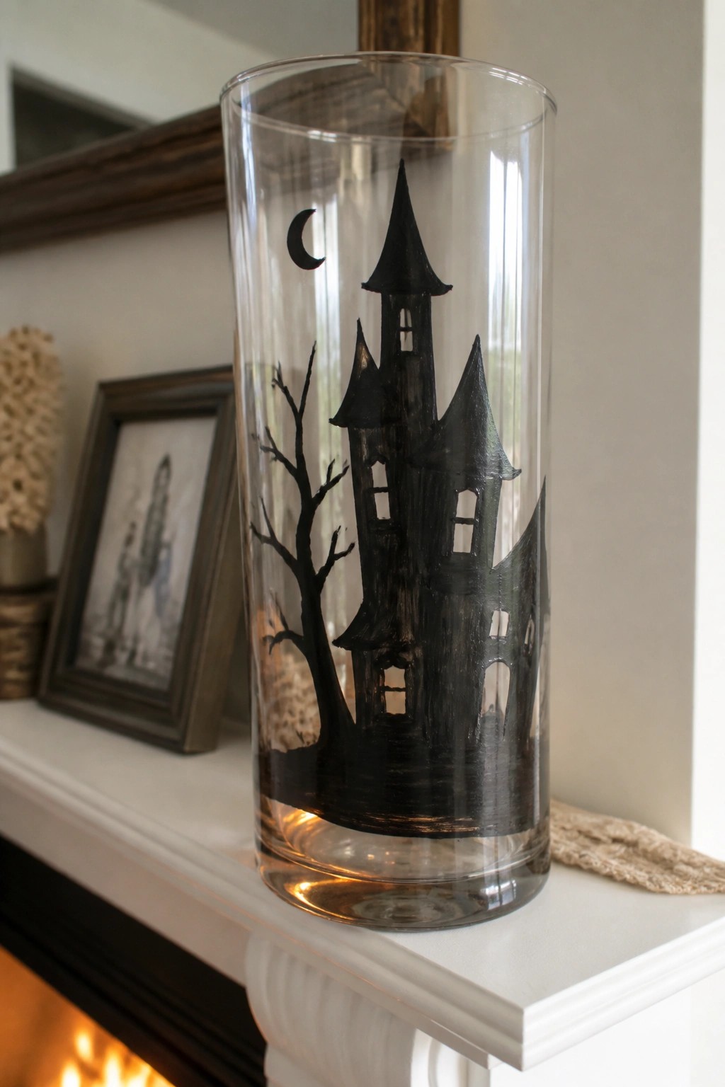Tall glass vase with black haunted house, bare tree, and crescent moon on white mantel