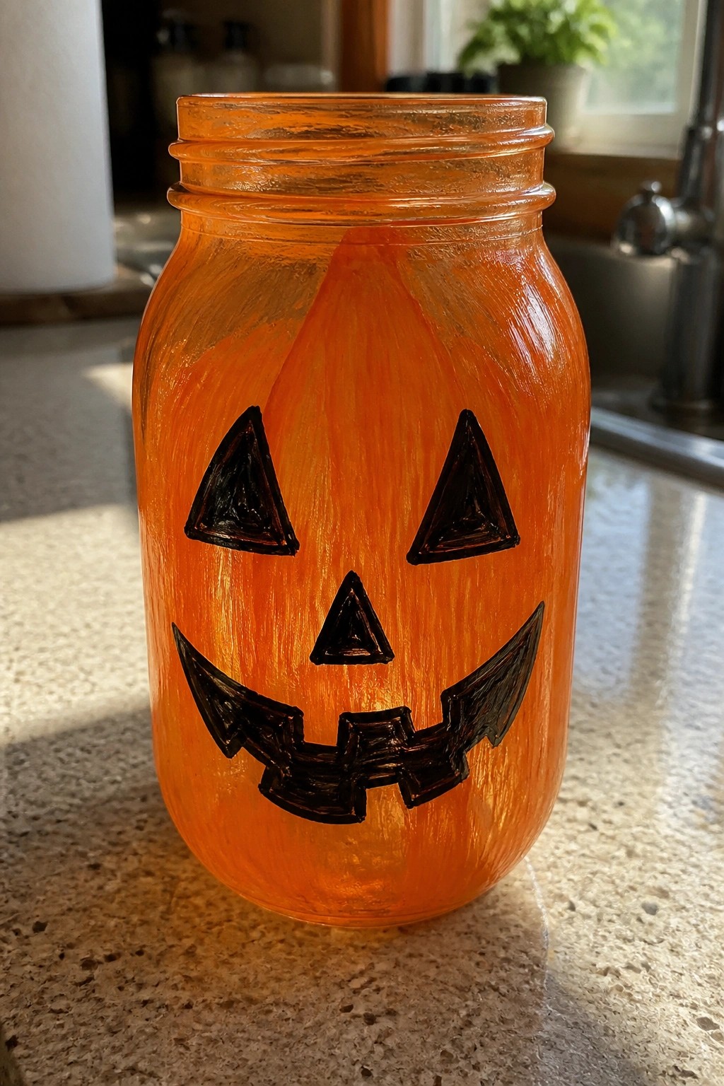 A clear glass mason jar painted orange with a black jack-o'-lantern face featuring triangular eyes and nose and a jagged mouth, sitting on a kitchen counter.