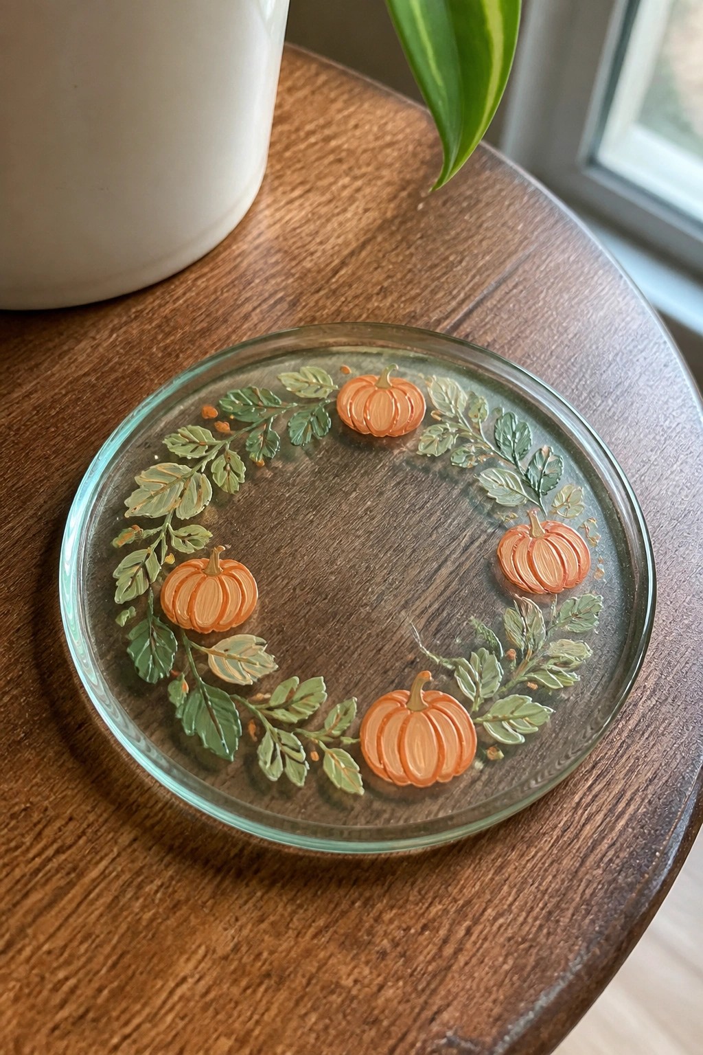 Glass plate with orange pumpkins and green leaf wreath on wooden table