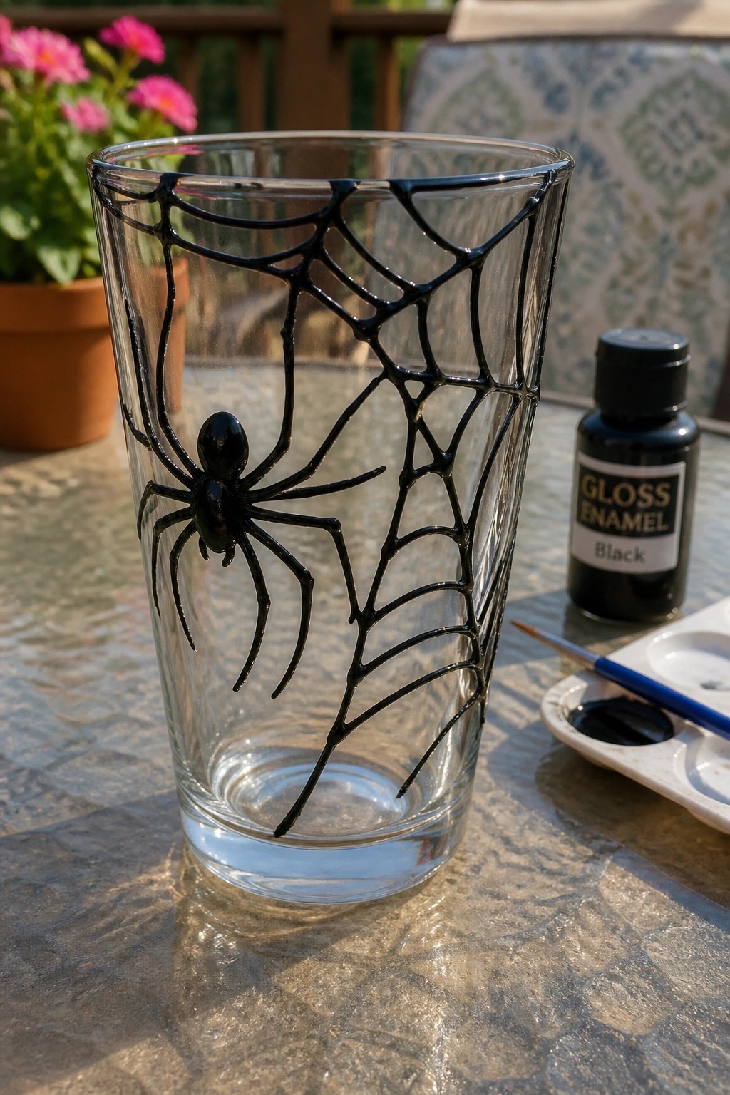 Glass tumbler with black spider and web design beside gloss enamel paint and brush.