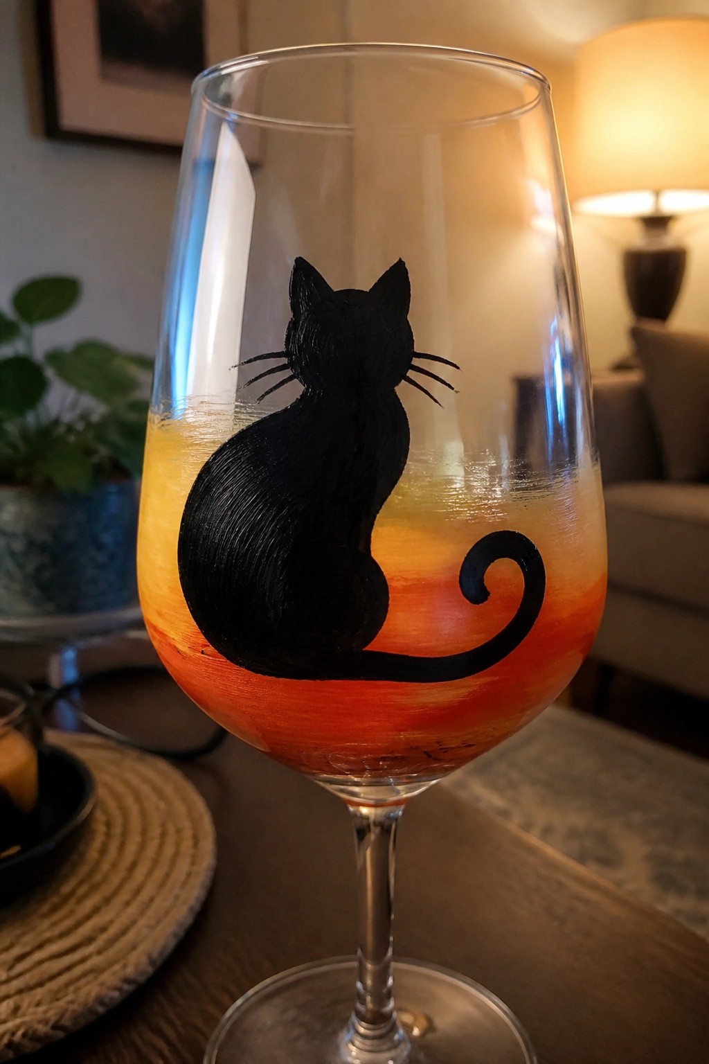 Wine glass with black cat silhouette against yellow-orange-red gradient background