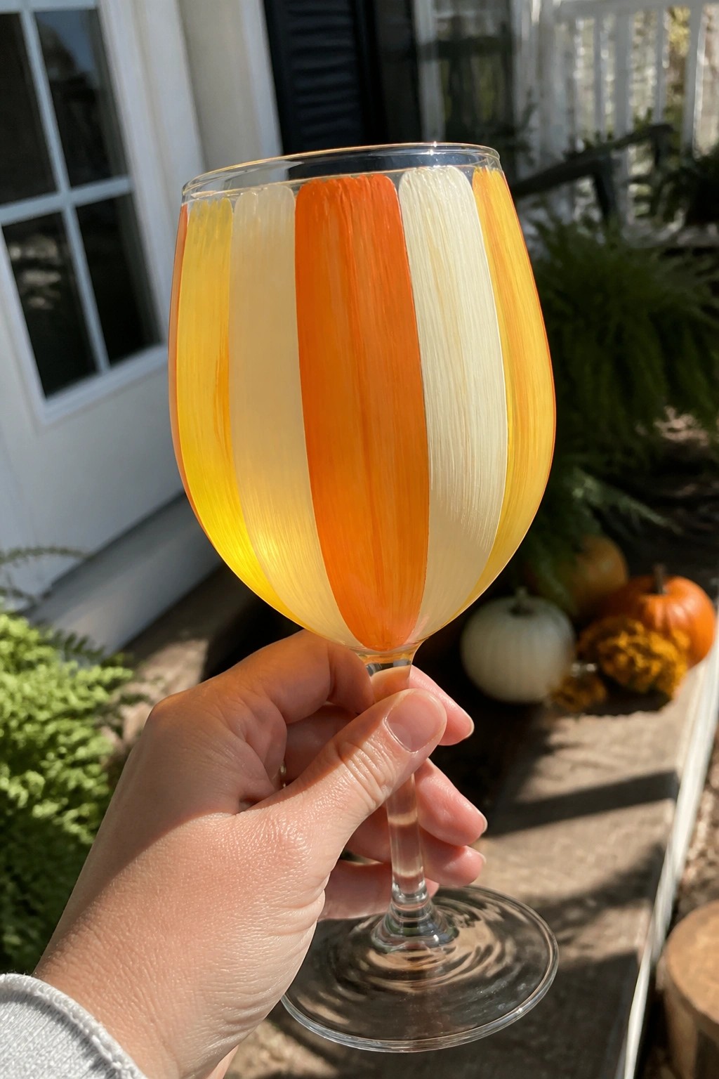 Hand holding wine glass with vertical orange, yellow, and white stripes outdoors