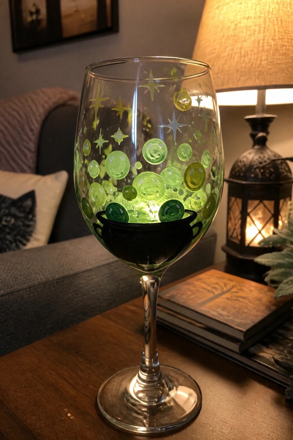 Wine glass with glowing green bubbles, stars, and black cauldron design
