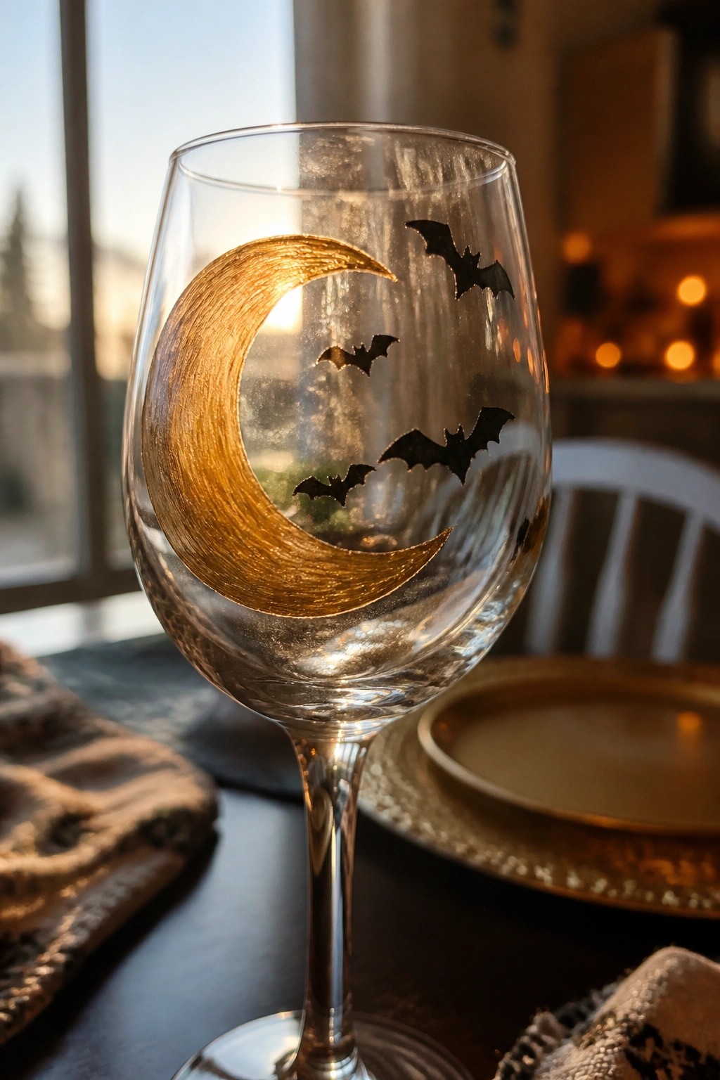 Wine glass with golden crescent moon and black bat silhouettes in sunlight.