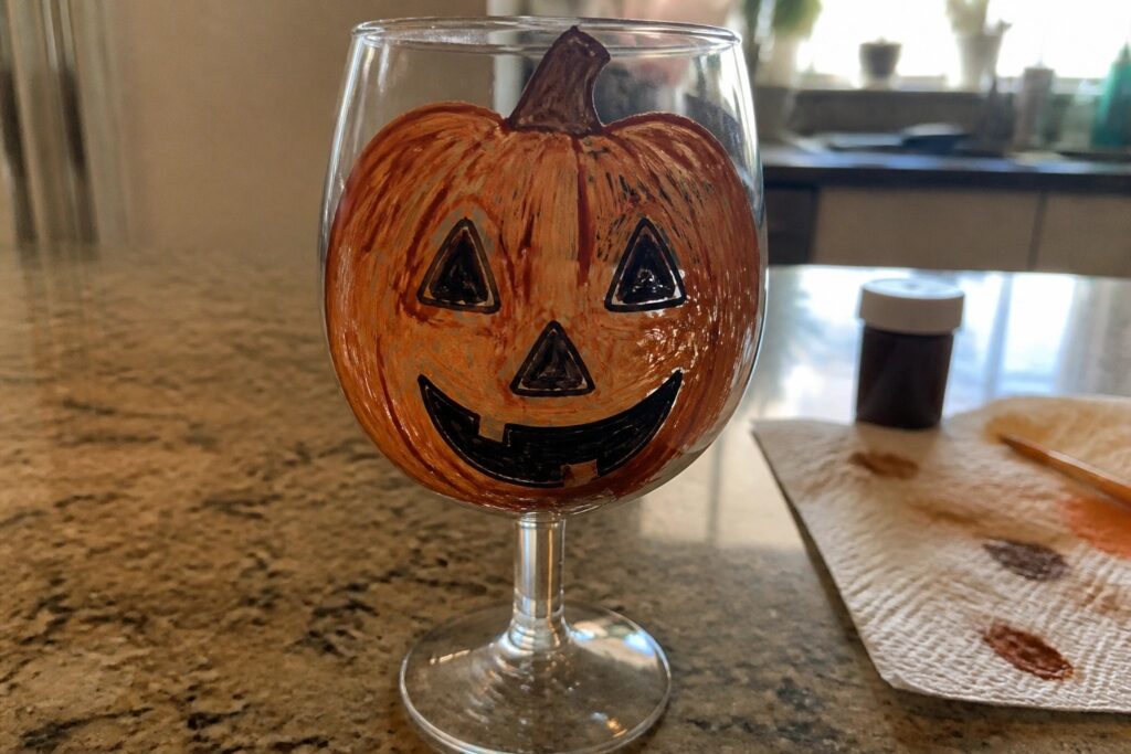 19 Easy Halloween Wine Glass Painting Ideas for Beginners Wine glass hand-painted as orange jack-o'-lantern with black eyes, nose, and grin on counter