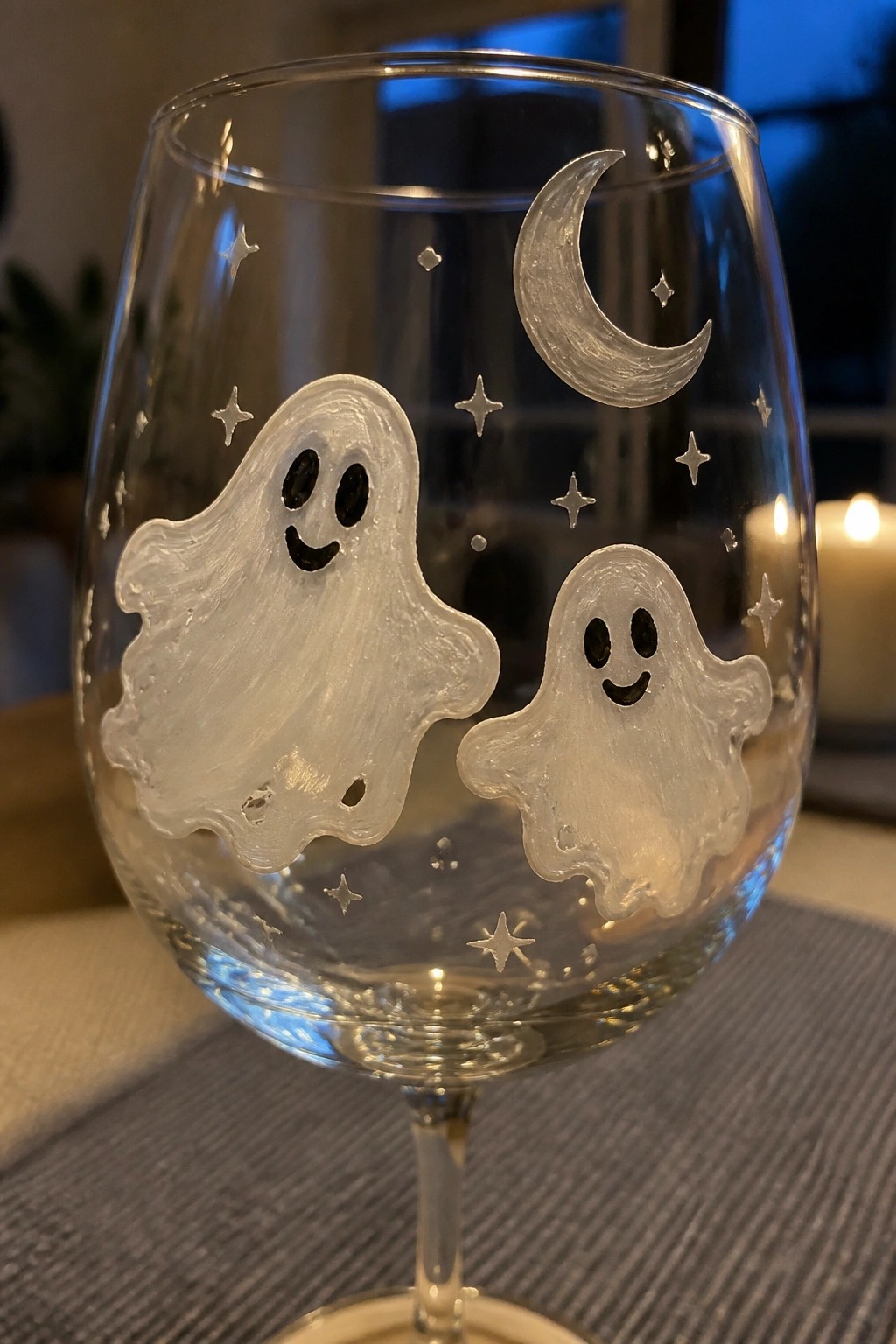 Clear wine glass painted with two smiling ghosts, crescent moon, and stars.