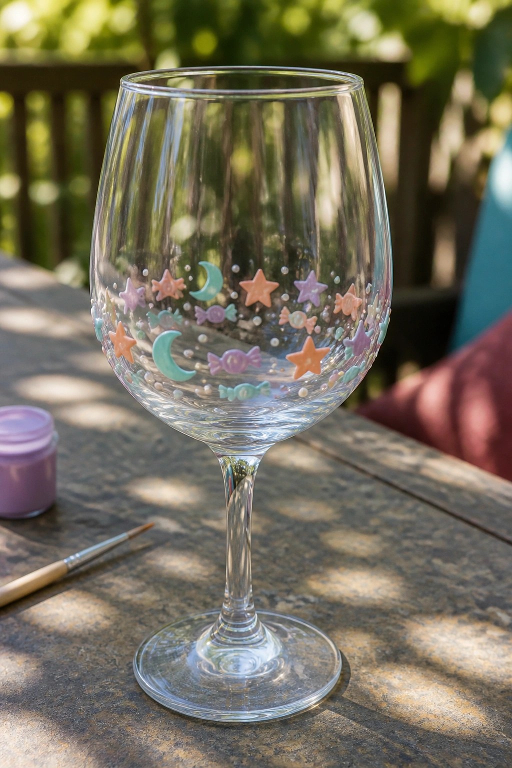 Wine glass with pastel stars, moons, candies, and fish on wooden table