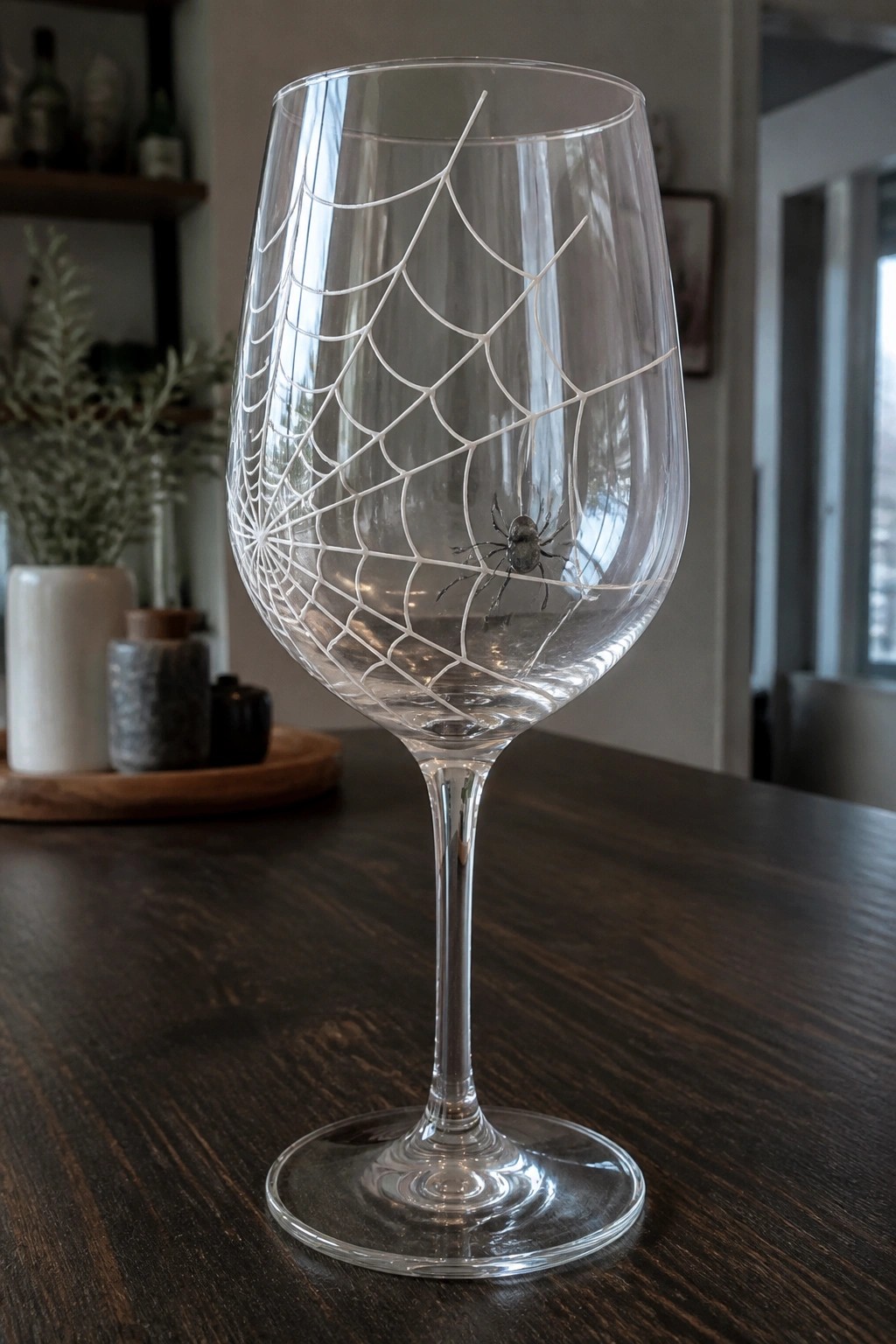Clear wine glass with white spiderweb design and black spider on wooden table