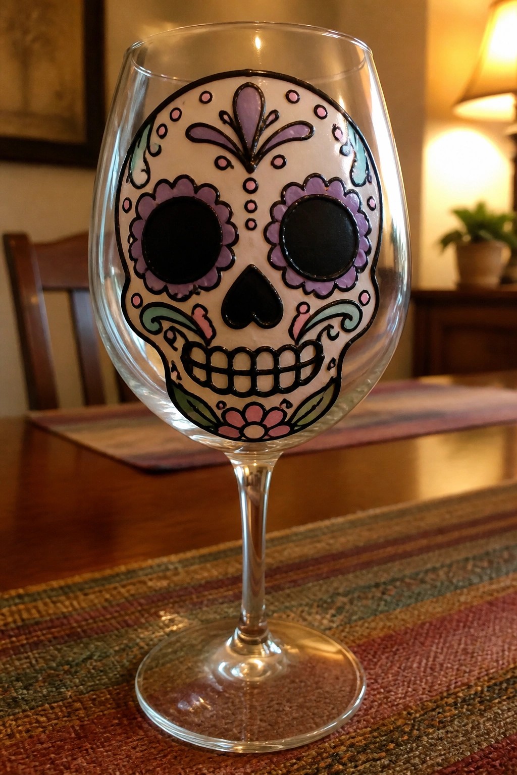 Wine glass with colorful purple sugar skull design on wooden table