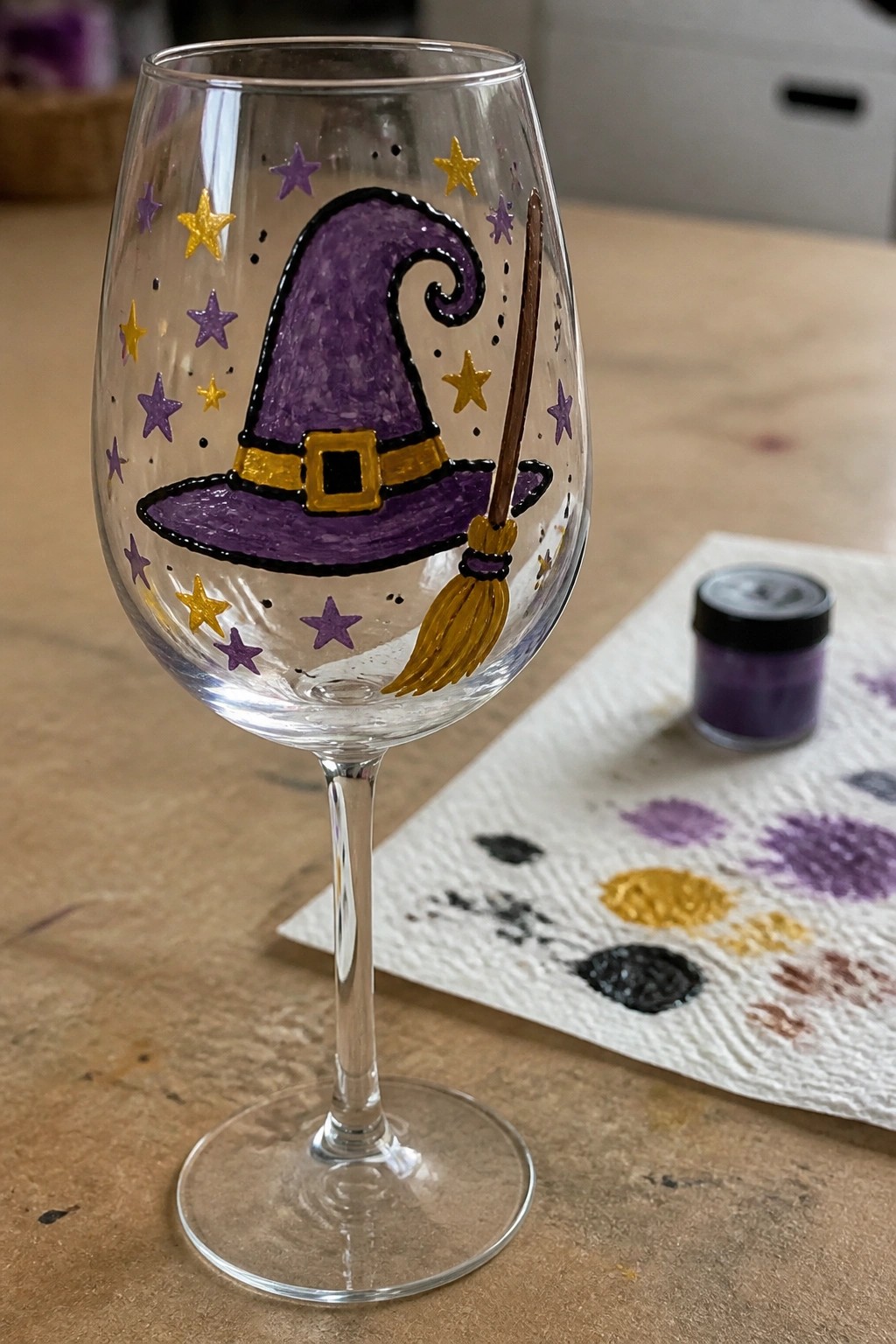Painted wine glass with purple witch hat, broom, gold stars on wooden table