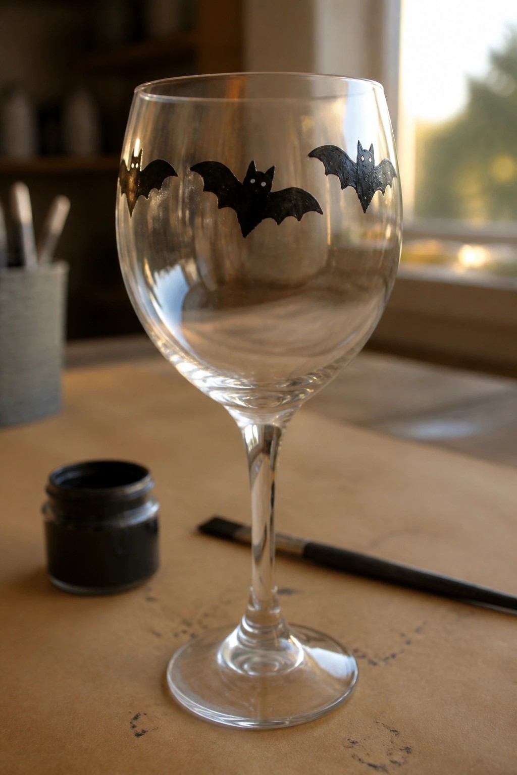 Wine glass with three black bats painted on it beside paint jar and brush