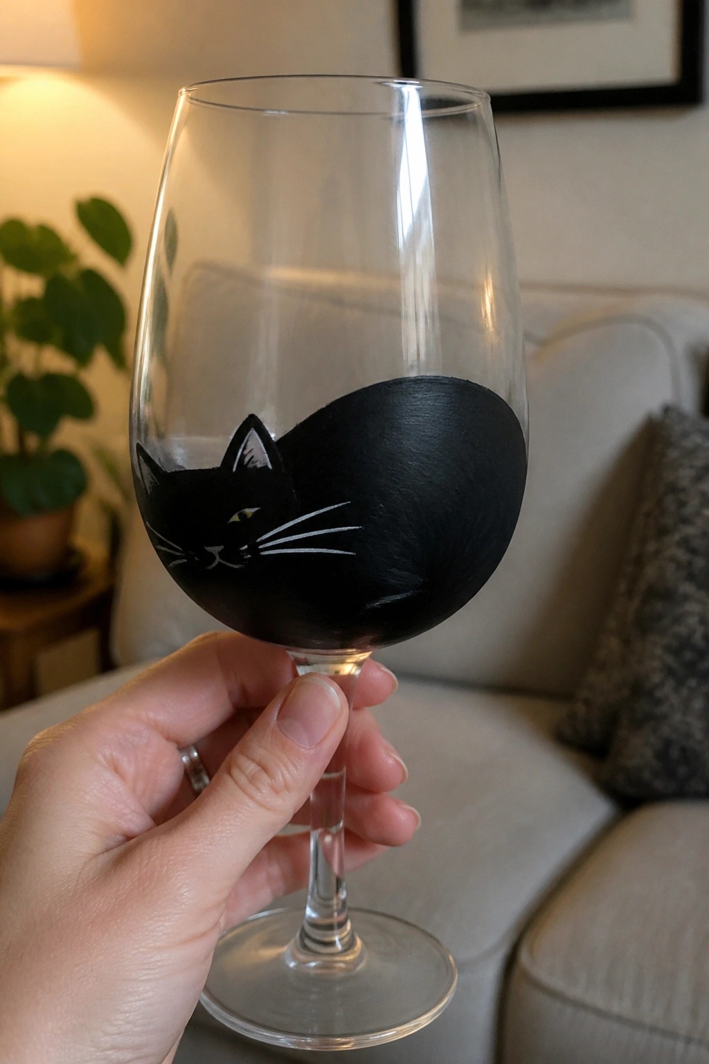 Hand holding wine glass with black cat painted on bowl