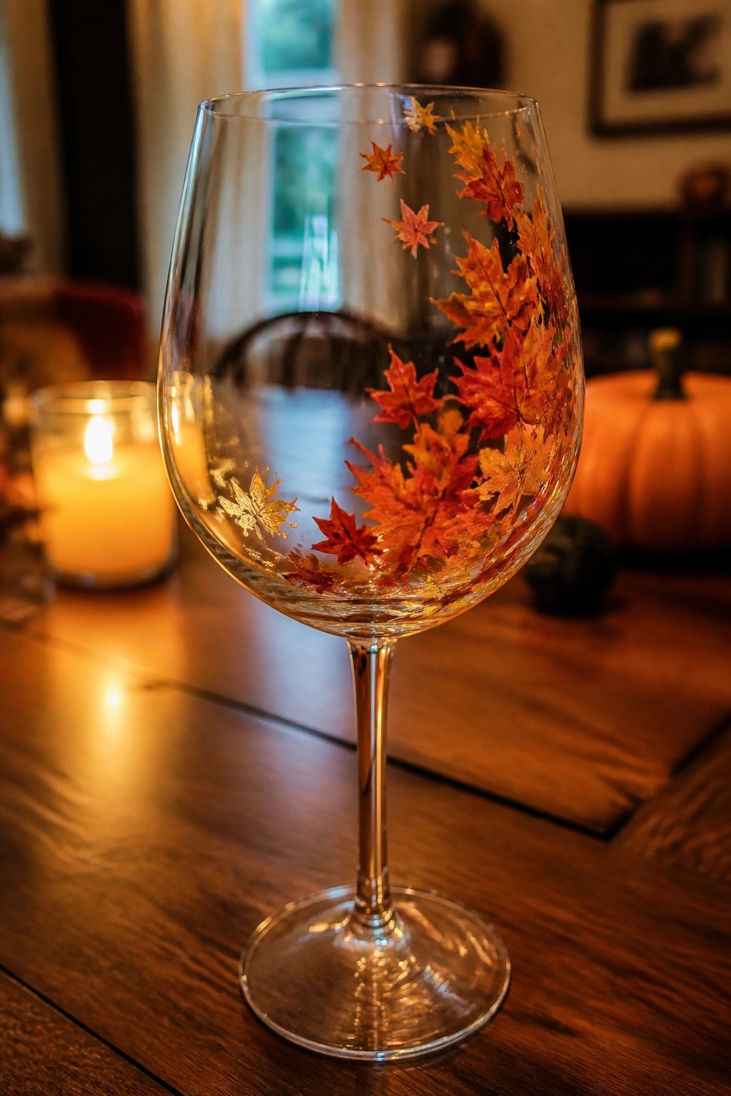 Wine glass with red and orange autumn leaves on wooden table near lit candle