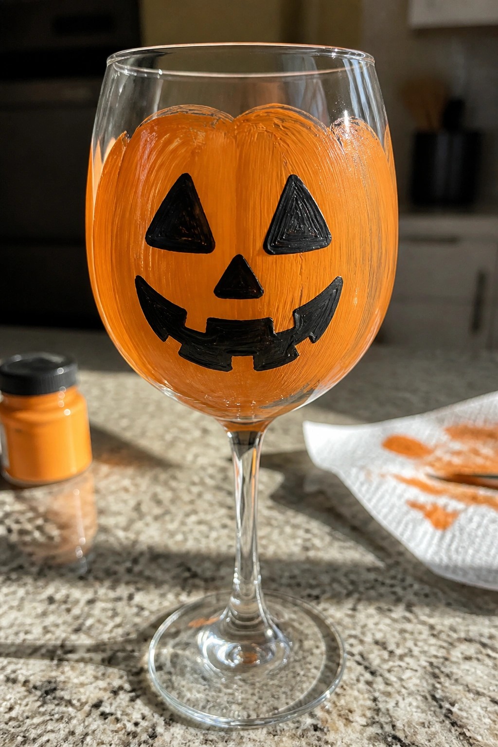 Wine glass painted orange as jack-o'-lantern with black face on kitchen counter
